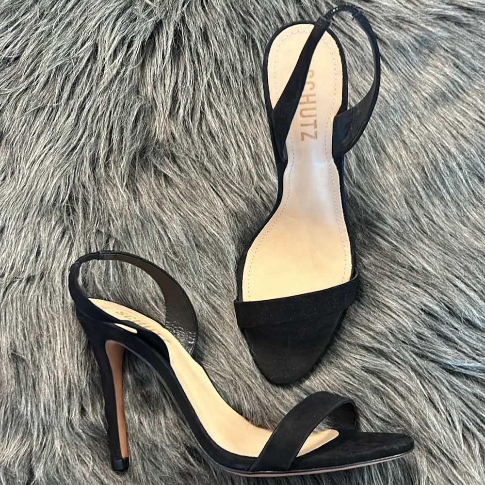 SCHUTZ Black Suede Open-Toe Slingback Stiletto Heels